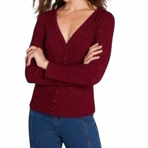 ModCloth Burgundy Speckled V-Neck Button Cardigan Sweater Size Large